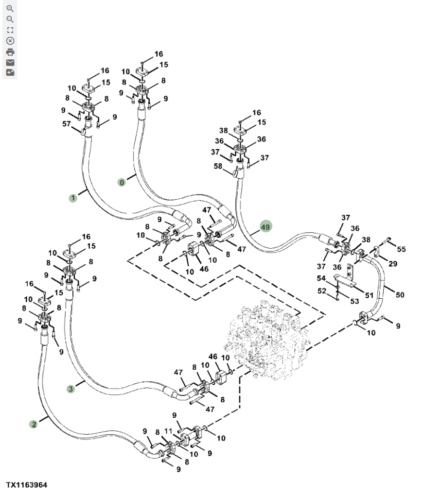 Hitachi ZX670LC-5G installation diagram showing hydraulic hose 4716365 at Pipe No. 49