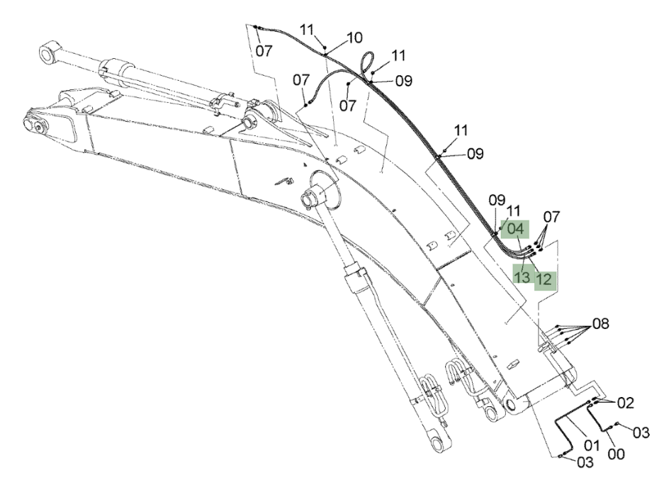 Hitachi ZX210W-3 installation diagram showing hydraulic hose 4483563 at Pipe No. 12