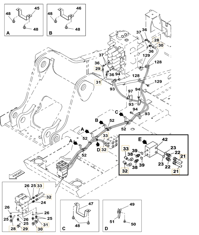 Case CX230B installation diagram showing hydraulic hose KHJ2199 at Pipe No. 29