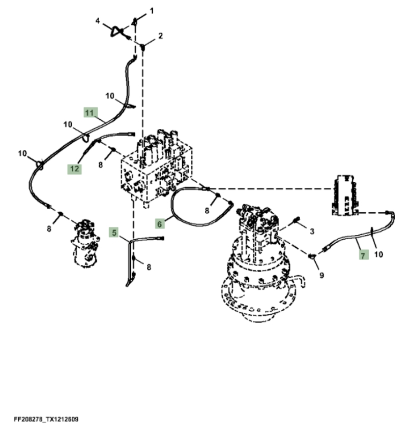 Hitachi ZX310F-FE-6N installation diagram showing hydraulic hose 4657030 at Pipe No. 7