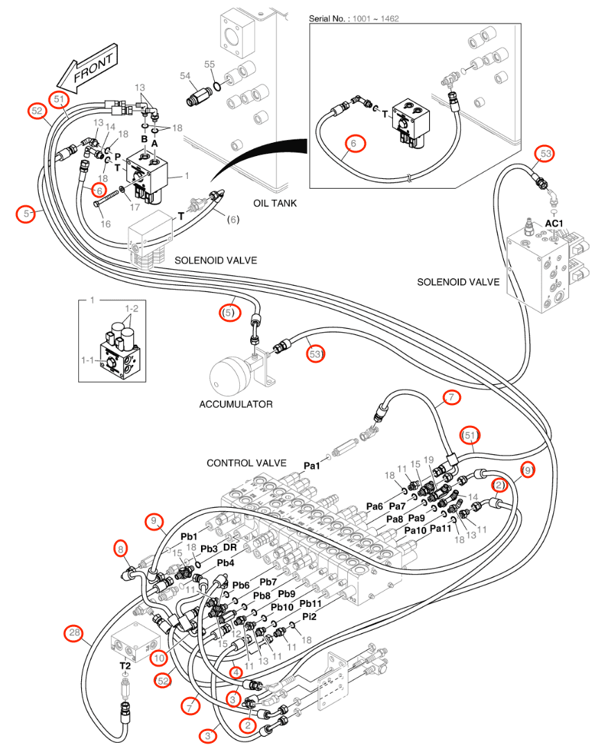 Doosan DX57W-5 installation diagram showing hydraulic hose DS2094085 at Pipe No. 52