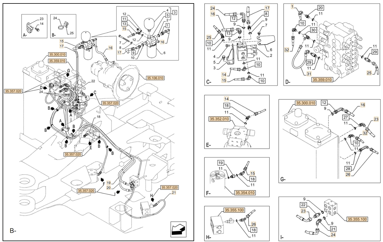 Case CX90D installation diagram showing hydraulic hose KHJ2107 at Pipe No. B19-G23-I23