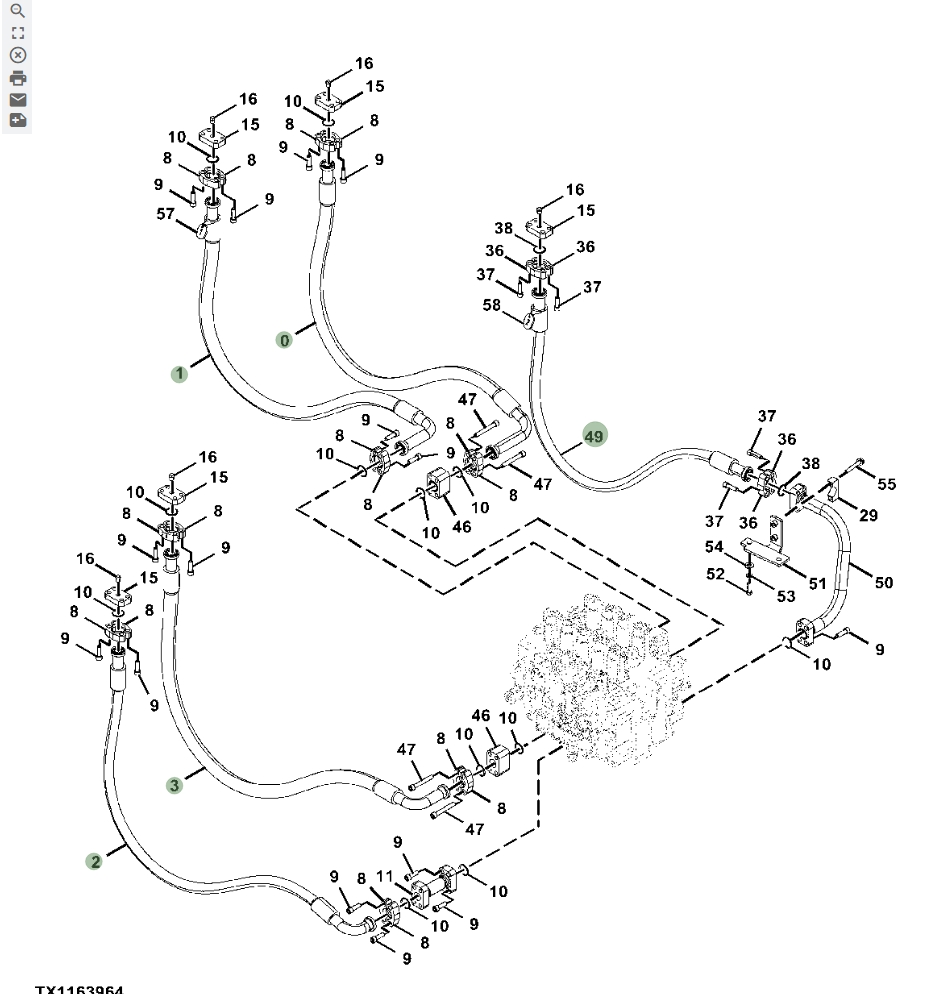 Hitachi ZX670LC-5B installation diagram showing hydraulic hose 4716365 at Pipe No. 49