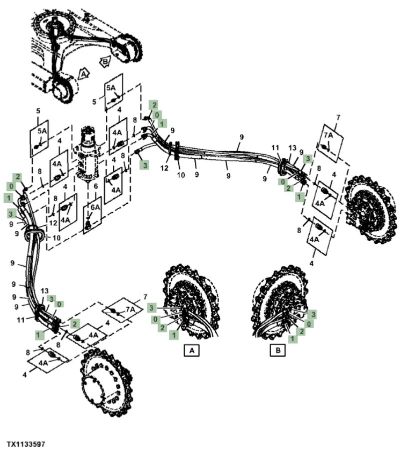 Hitachi ZX85USB-5N installation diagram showing hydraulic hose 4455438 at Pipe No. 2