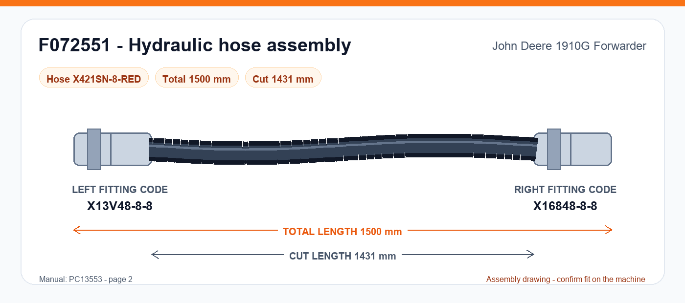 F072551 hydraulic hose assembly drawing for John Deere 1910G Forwarder - 1,500 mm total length, left fitting X13V48-8-8, right fitting X16848-8-8