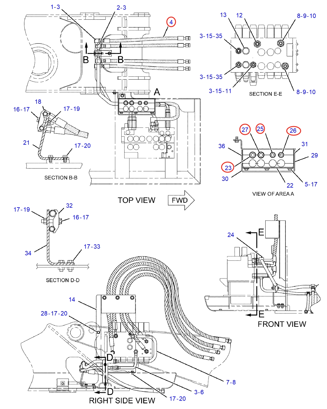 Caterpillar CAT®311C installation diagram showing hydraulic hose 123-2636 at Pipe No. 4