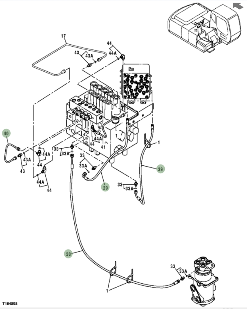 Hitachi ZX250F installation diagram showing hydraulic hose 4470393 at Pipe No. 40