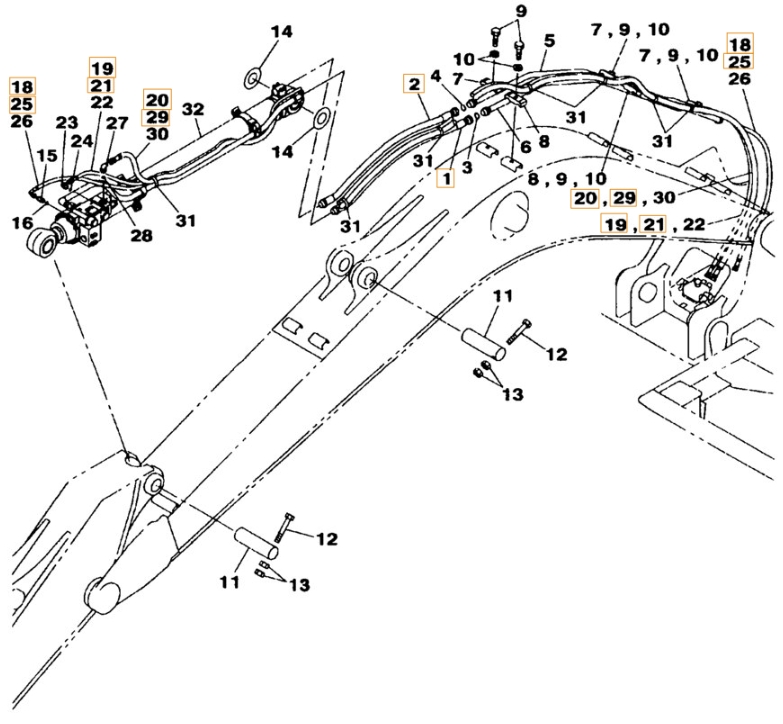 Case CX210 installation diagram showing hydraulic hose KRV2405 at Pipe No. 1