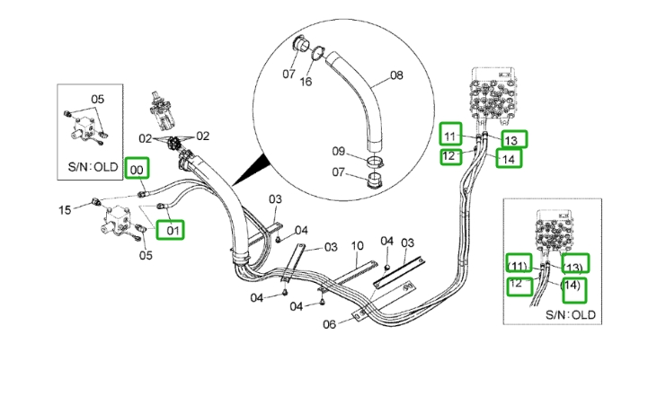 Hitachi ZX160LC-3 installation diagram showing hydraulic hose 4468071 at Pipe No. 14
