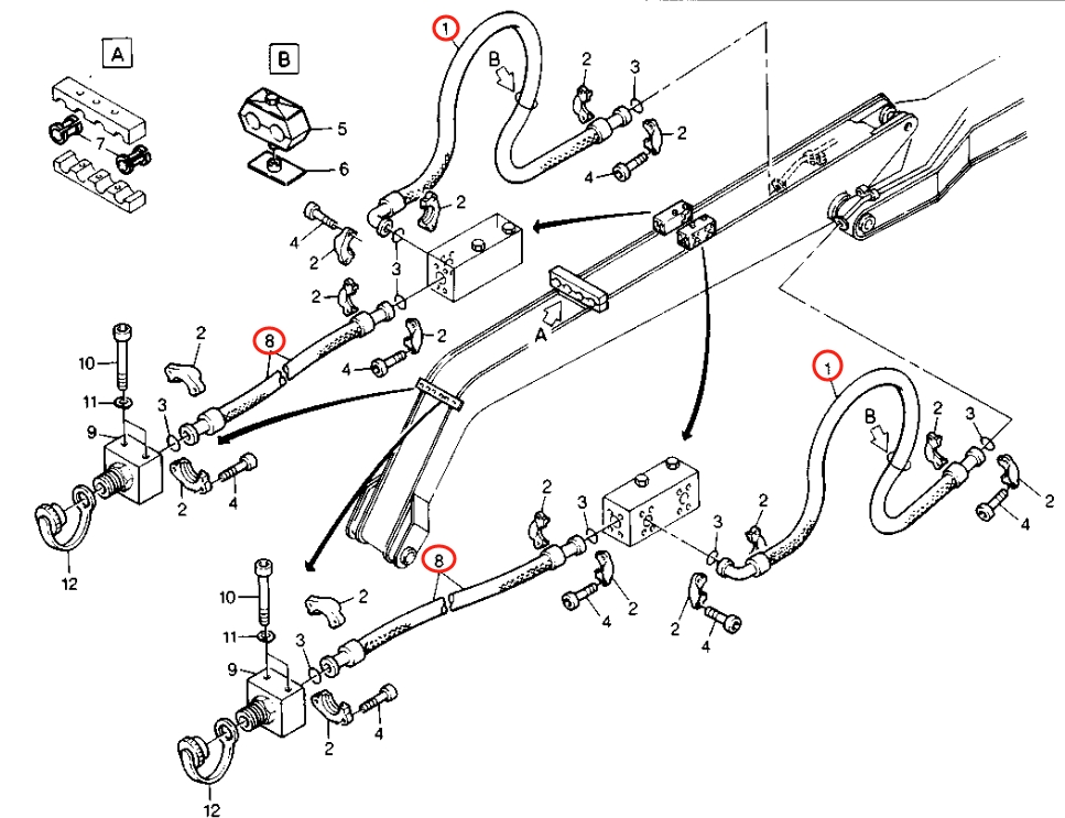 Caterpillar CAT®224B installation diagram showing hydraulic hose 8U-4150 at Pipe No. 1