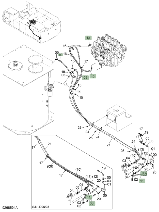 Hitachi ZX850LC-3 installation diagram showing hydraulic hose 4454734 at Pipe No. 8