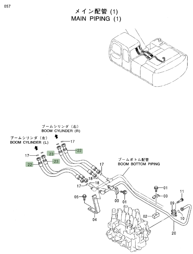 Hitachi EX270LC-5 installation diagram showing hydraulic hose 4388137 at Pipe No. 23