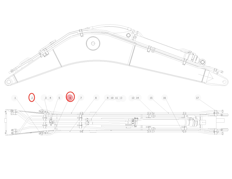 Sunward SWE215E-3H installation diagram showing hydraulic hose 73050200F747 at Pipe No. 2