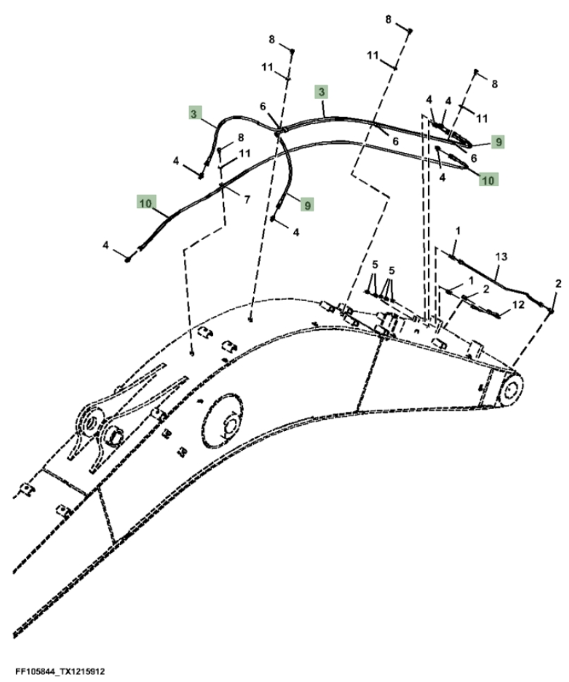 Hitachi ZX210F-FE-6N installation diagram showing hydraulic hose 4473135 at Pipe No. 9