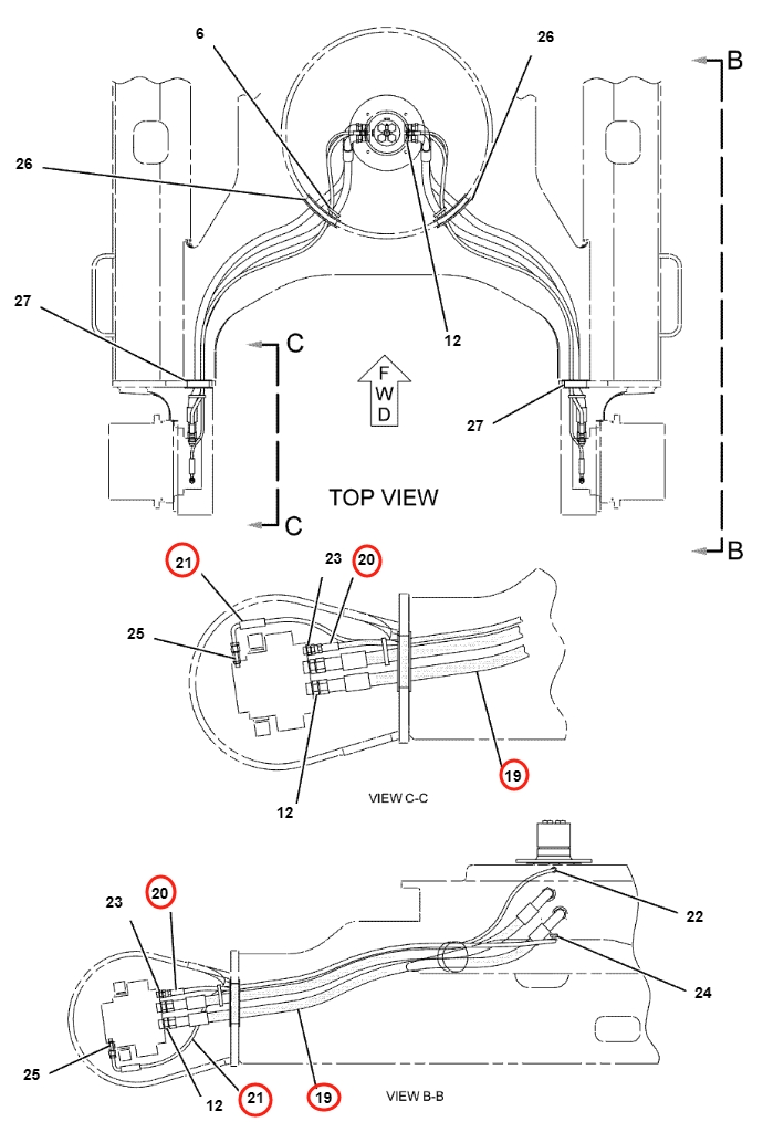 Caterpillar CAT®312C installation diagram showing hydraulic hose 179-7770 at Pipe No. 20