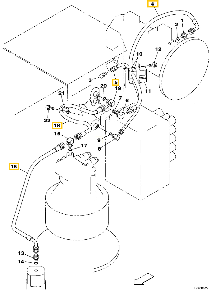 Case CX460 installation diagram showing hydraulic hose KTJ2048 at Pipe No. 5