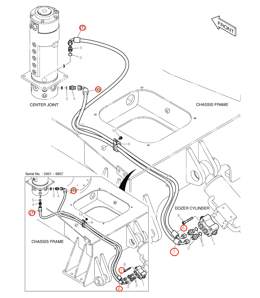 Doosan DX55W installation diagram showing hydraulic hose DS20551033 at Pipe No. 7