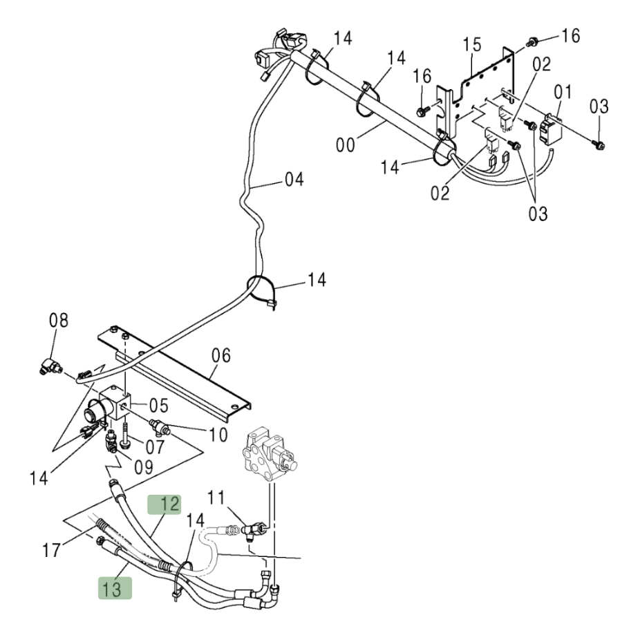 Hitachi ZX370 installation diagram showing hydraulic hose 4437944 at Pipe No. 13