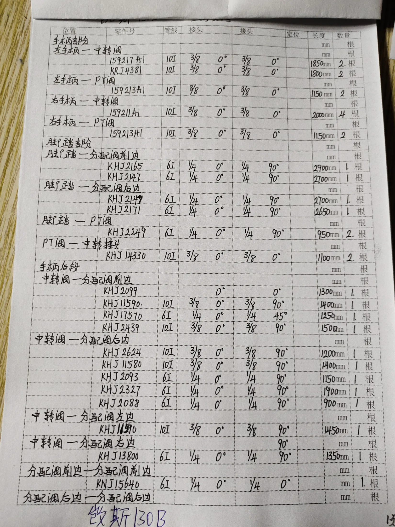 Case 130B hydraulic hose part numbers and recorded lengths — technician notebook page 2 of 4 — recorded hose parts 159211AL, 15923A1, KHJ11590
