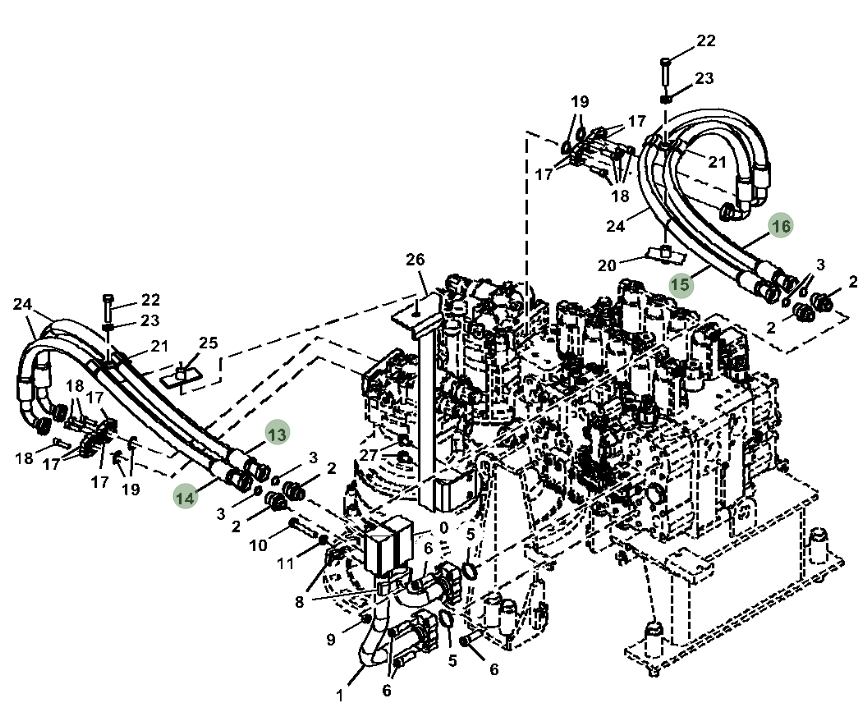 Hitachi ZX470-5A installation diagram showing hydraulic hose 4372523 at Pipe No. 14
