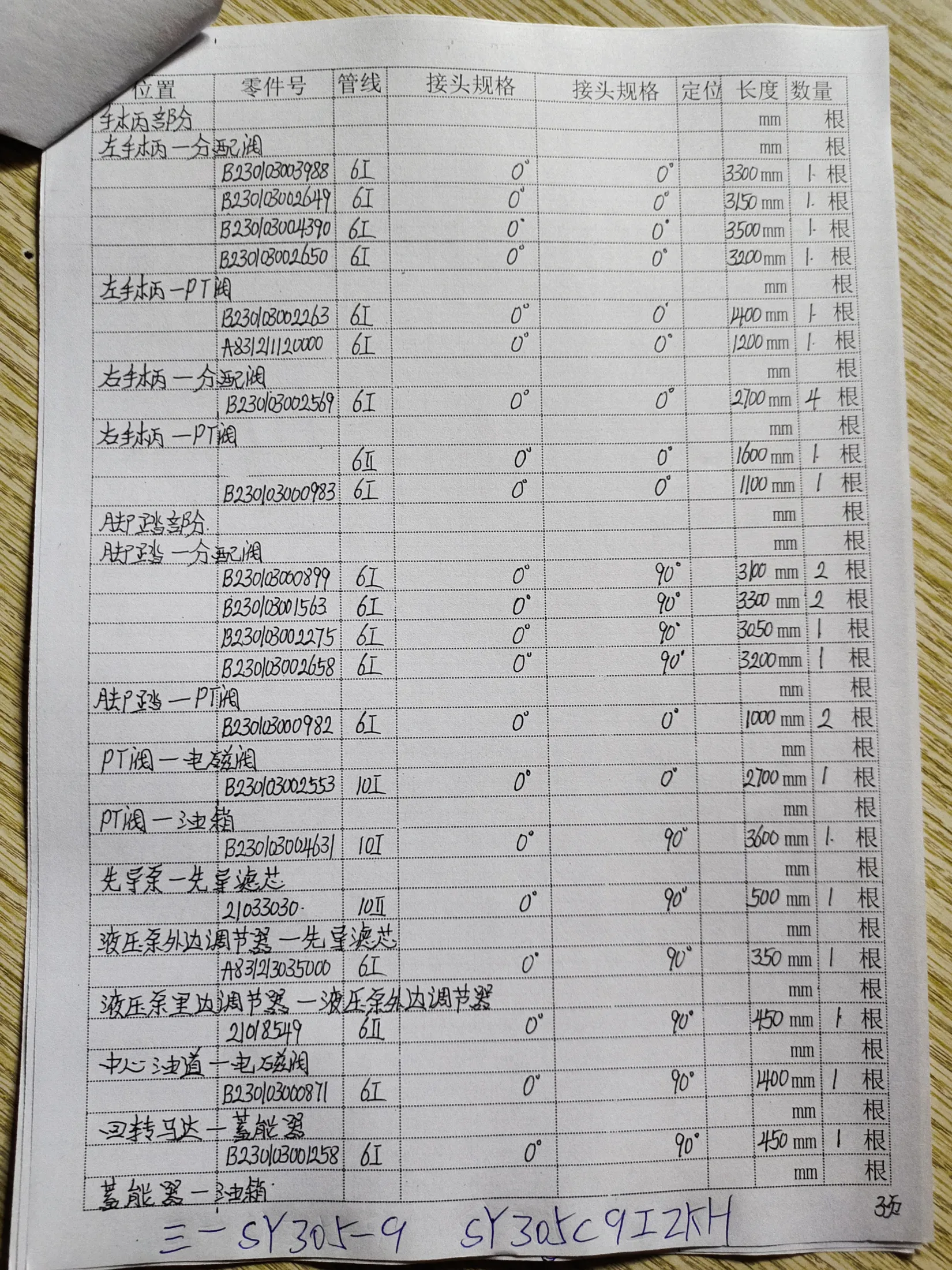 SANY SY305-9 hydraulic hose part numbers and recorded lengths — technician notebook page 3 of 5 — recorded hose parts 1B23003002275, A832120000, A8323035000