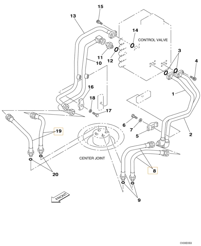 Case CX130 installation diagram showing hydraulic hose 161159A1 at Pipe No. 19