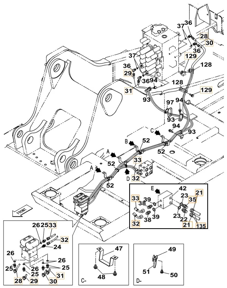Case CX220B installation diagram showing hydraulic hose KHJ2165 at Pipe No. 31