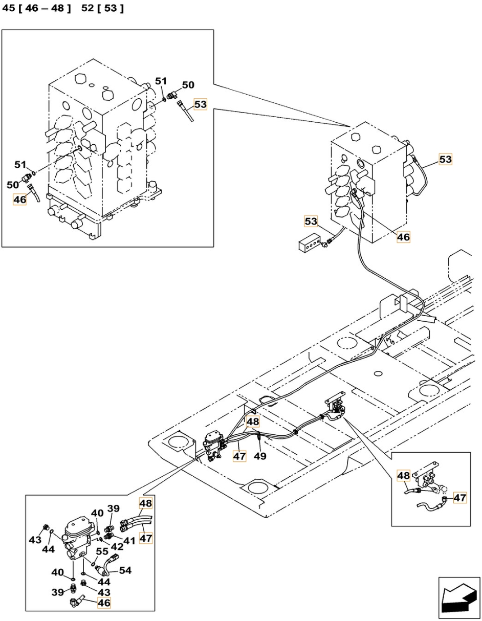 Case CX490C LC installation diagram showing hydraulic hose KHJ25060 at Pipe No. 46