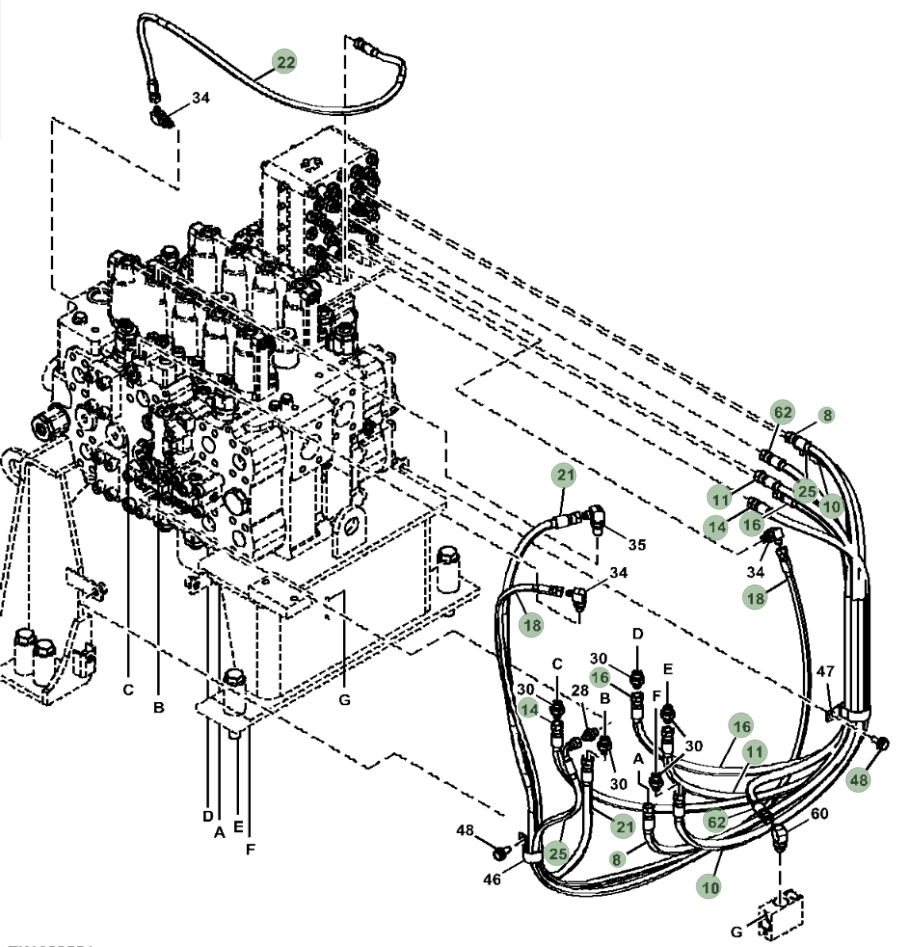 Hitachi ZX470LC-5G installation diagram showing hydraulic hose 4364413 at Pipe No. 21