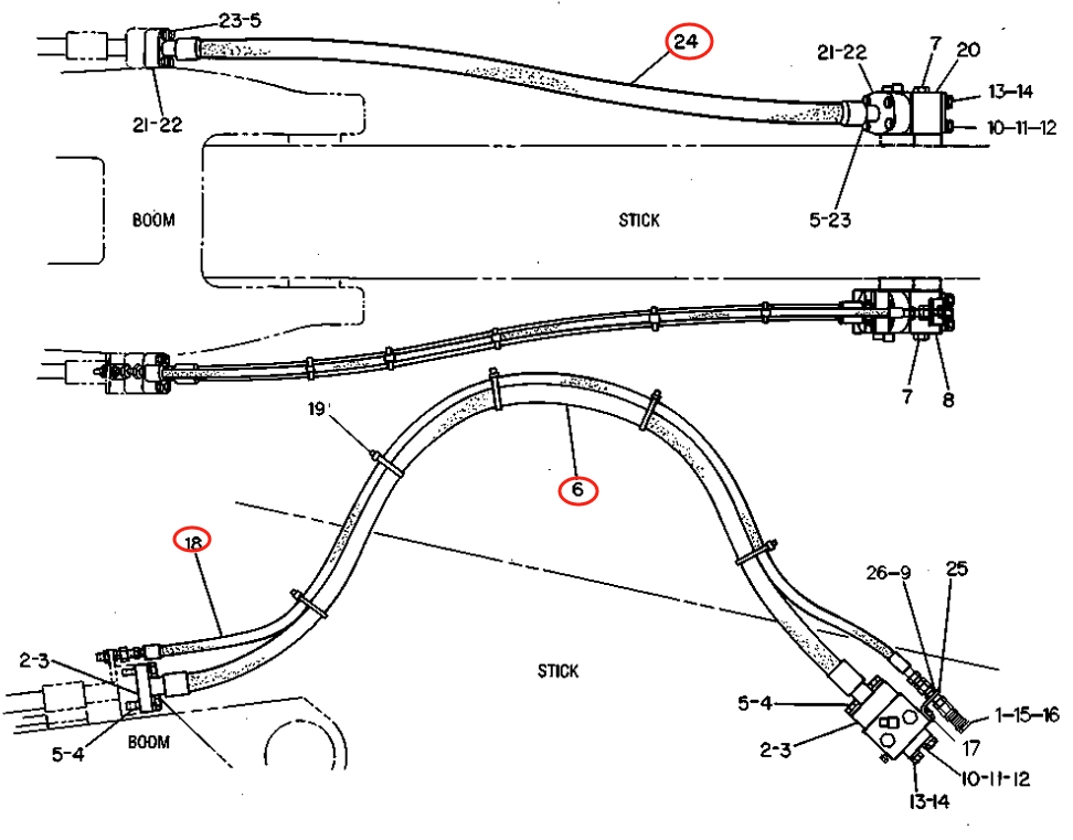 Caterpillar CAT®219D installation diagram showing hydraulic hose 6C-0512 at Pipe No. 6