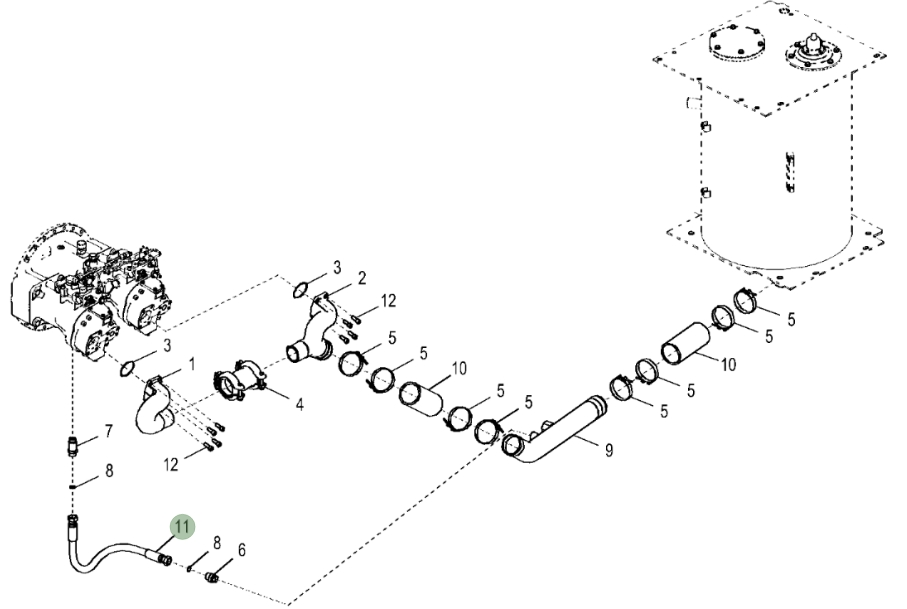 Hitachi ZX380LC-5N installation diagram showing hydraulic hose 4656788 at Pipe No. 11