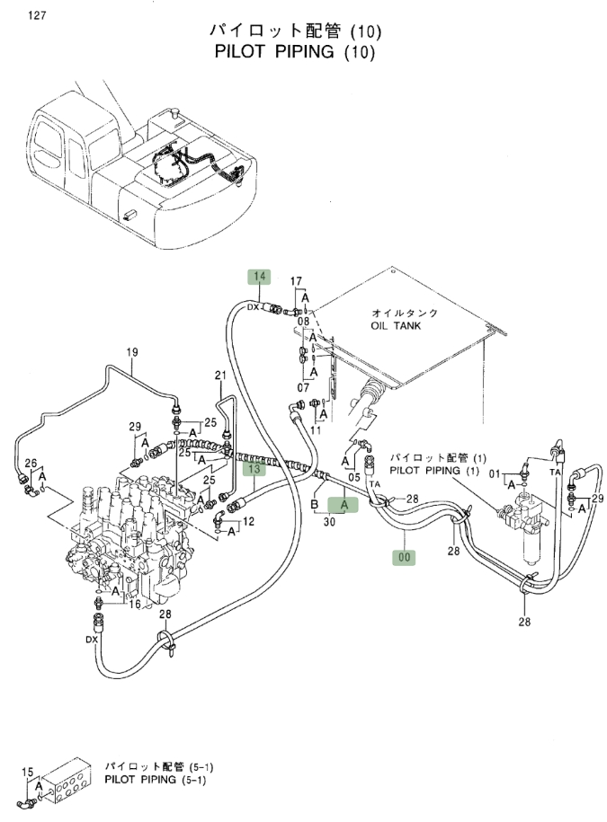 Hitachi EX270LC-5 installation diagram showing hydraulic hose 9155424 at Pipe No. 30