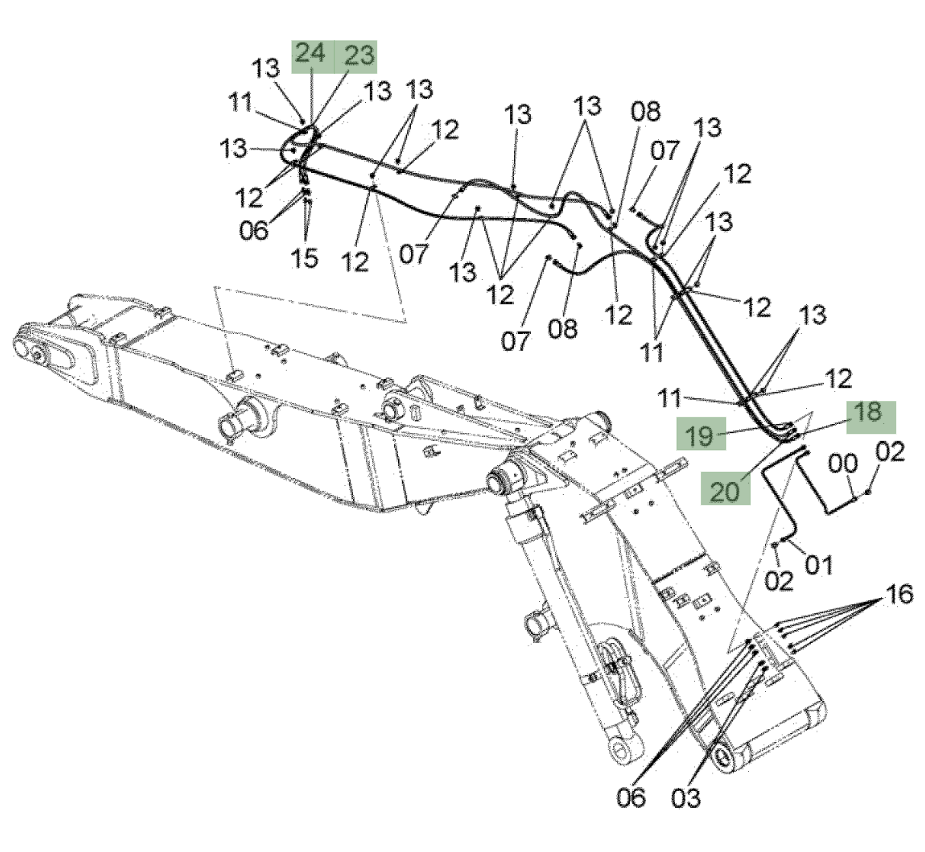 Hitachi ZX210W-3 installation diagram showing hydraulic hose 4482948 at Pipe No. 19
