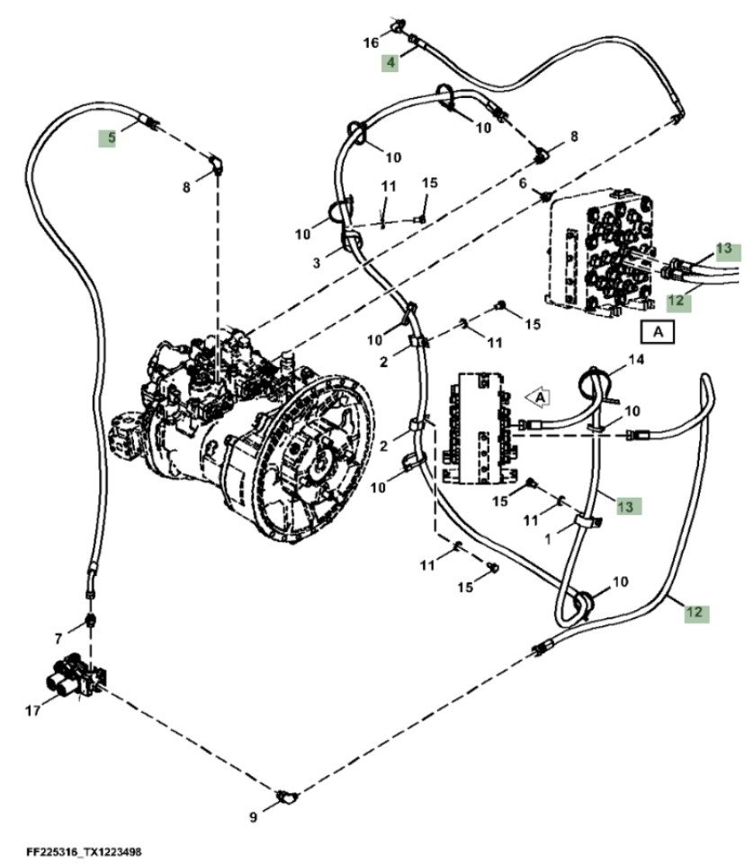 Hitachi ZX260FLC-FE-6N installation diagram showing hydraulic hose 4715840 at Pipe No. 5