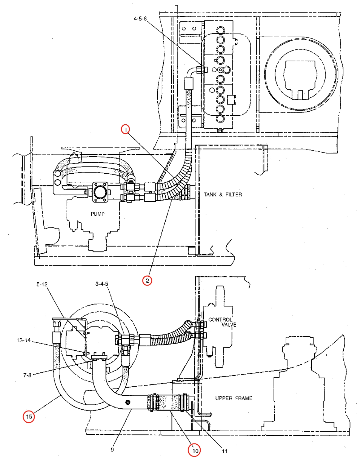 Caterpillar CAT®315B L installation diagram showing hydraulic hose 4I-1077 at Pipe No. 15