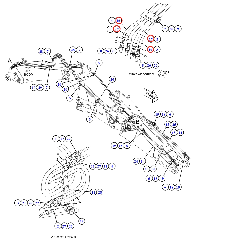 Caterpillar CAT®M315F installation diagram showing hydraulic hose 466-1192 at Pipe No. 17