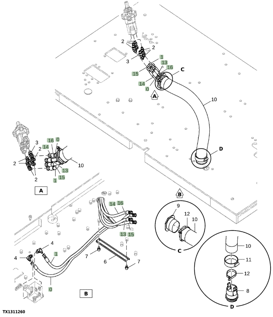 Hitachi EX1200-7 installation diagram showing hydraulic hose 4664183 at Pipe No. 1