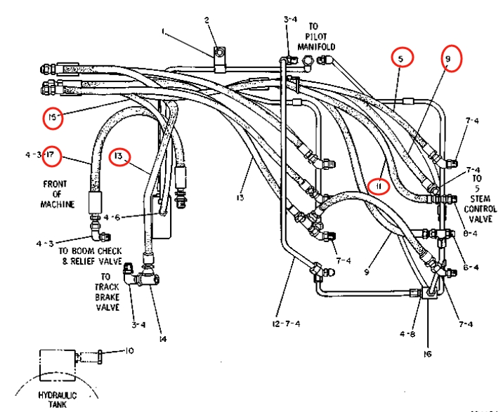 Caterpillar CAT®215B installation diagram showing hydraulic hose 5C-4391 at Pipe No. 17