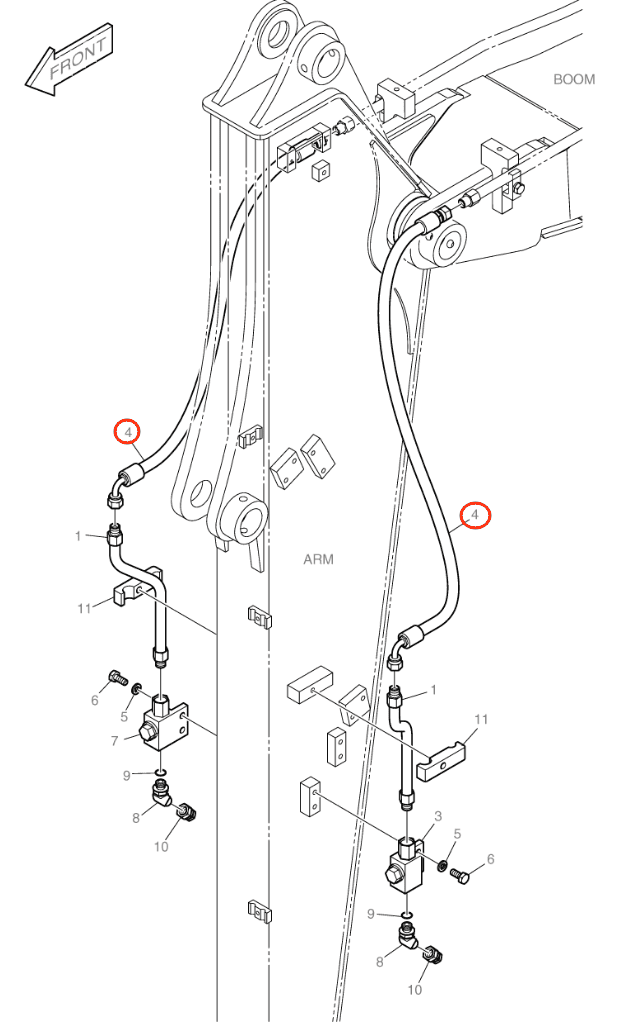 Doosan DX55W installation diagram showing hydraulic hose DS2058434 at Pipe No. 4