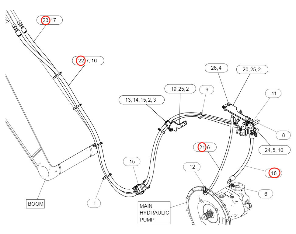 Caterpillar CAT®315 GC installation diagram showing hydraulic hose 585-7442 at Pipe No. 22