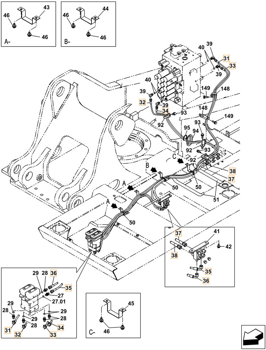 Case CX260C-8 LC installation diagram showing hydraulic hose KHJ2199 at Pipe No. 34