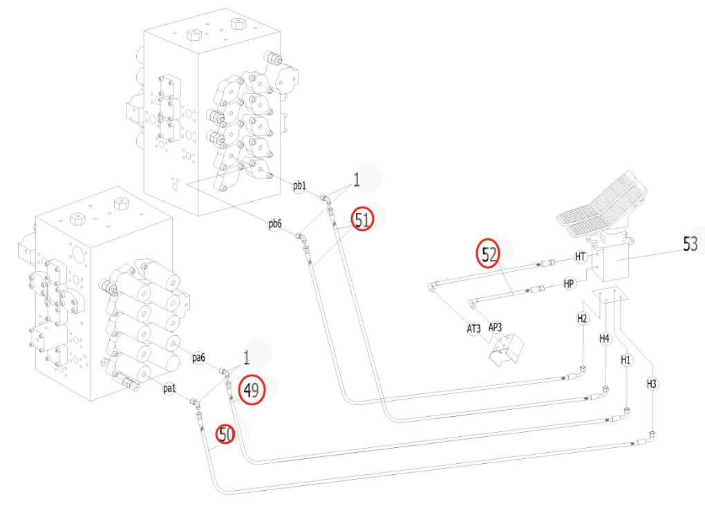 Sunward SWE500E-3 installation diagram showing hydraulic hose 730502002529 at Pipe No. 50