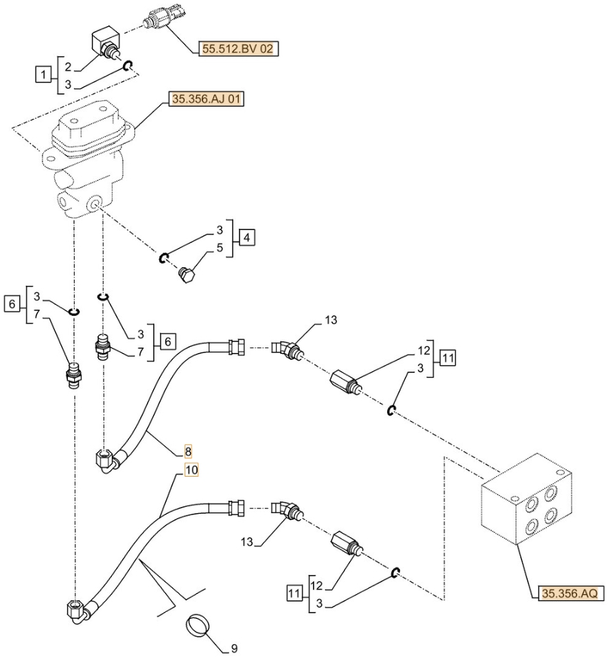 Case CX490D LC installation diagram showing hydraulic hose KHJ2238 at Pipe No. 8