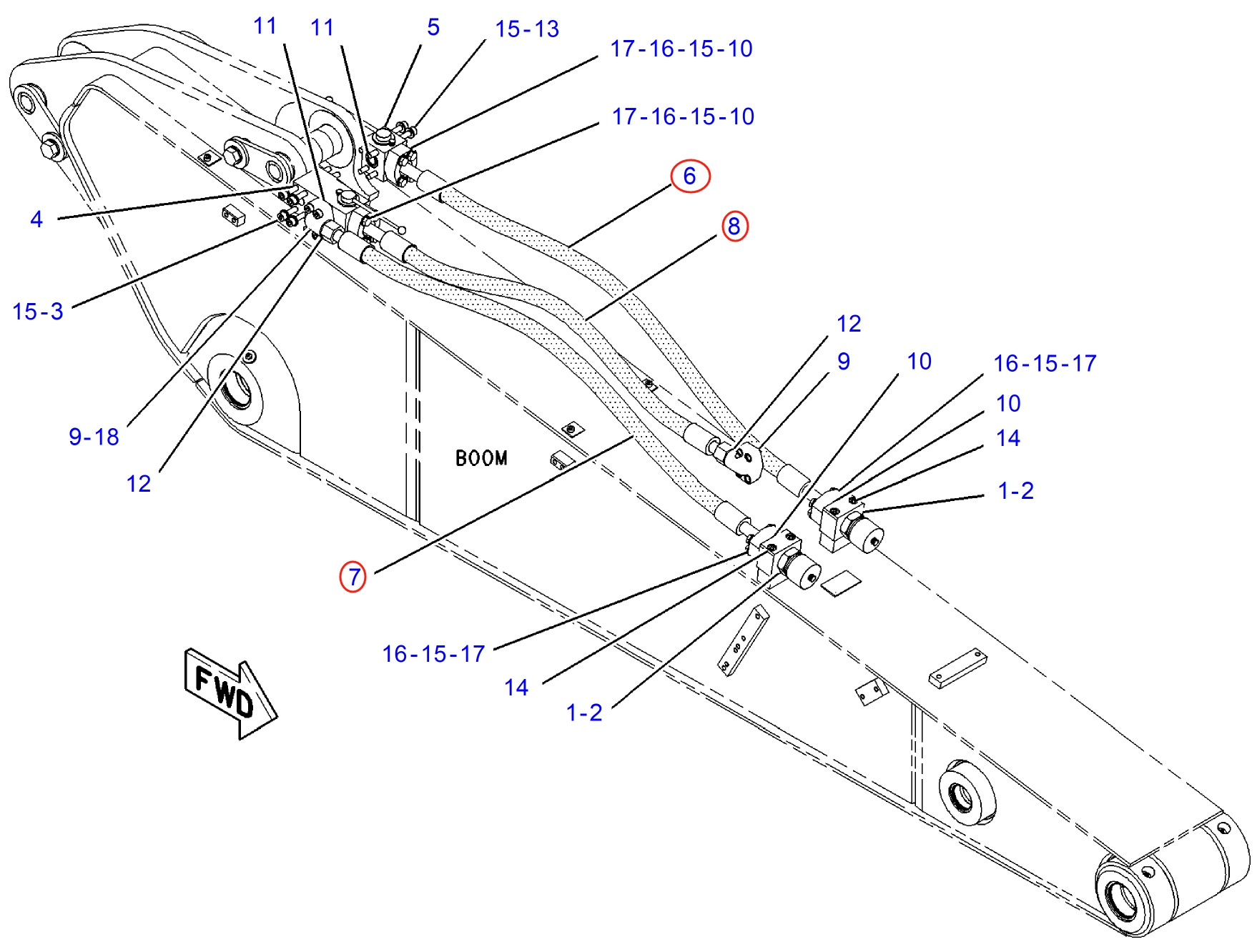 Caterpillar CAT®M312 installation diagram showing hydraulic hose 129-9141 at Pipe No. 6