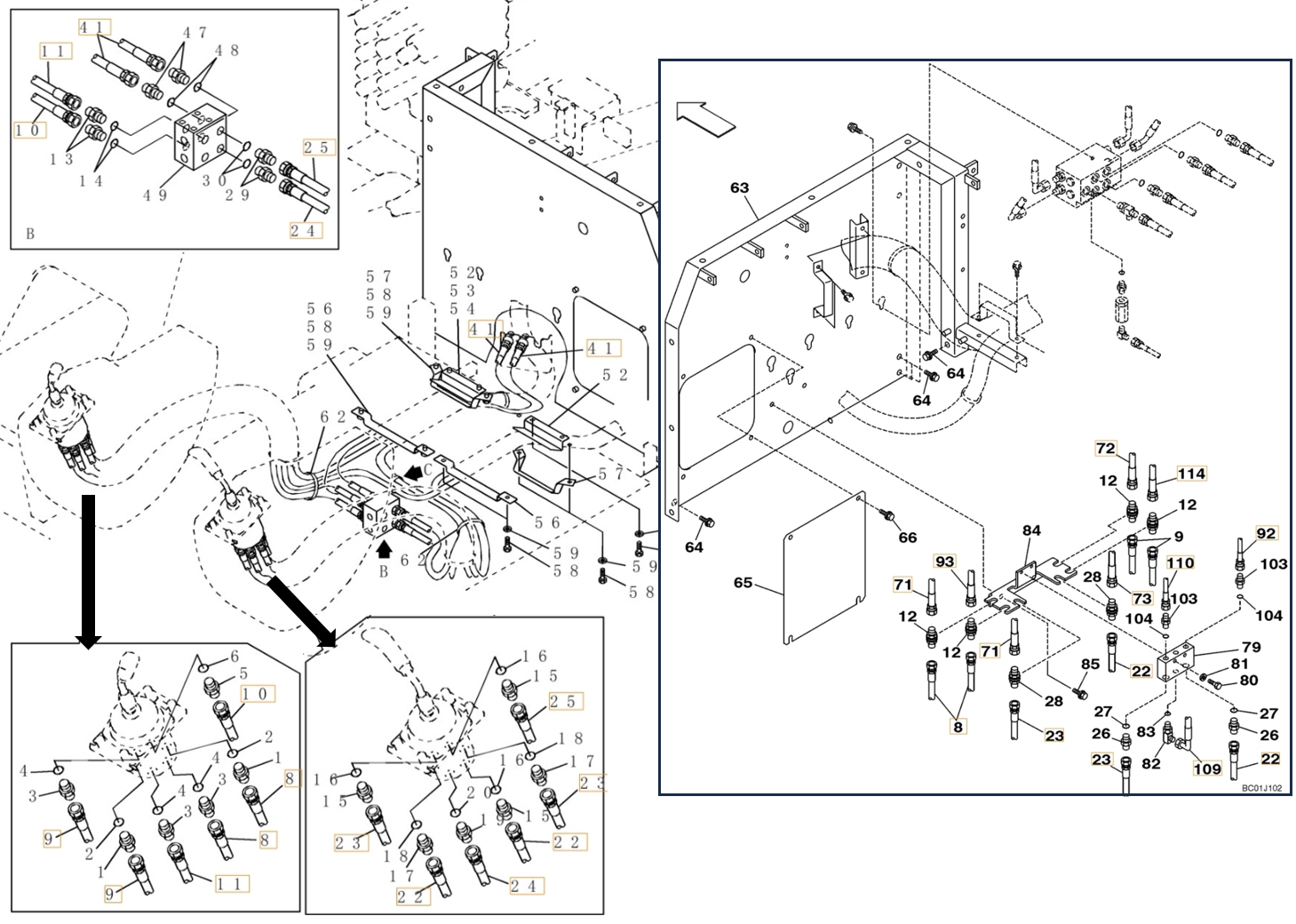 Case CX210N installation diagram showing hydraulic hose 168025A1 at Pipe No. 23