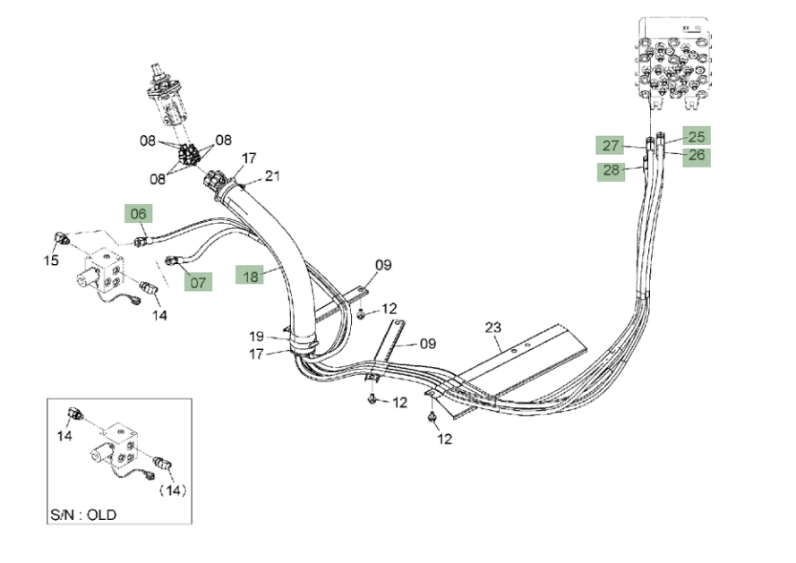 Hitachi ZX120-3 installation diagram showing hydraulic hose 4453228 at Pipe No. 28A