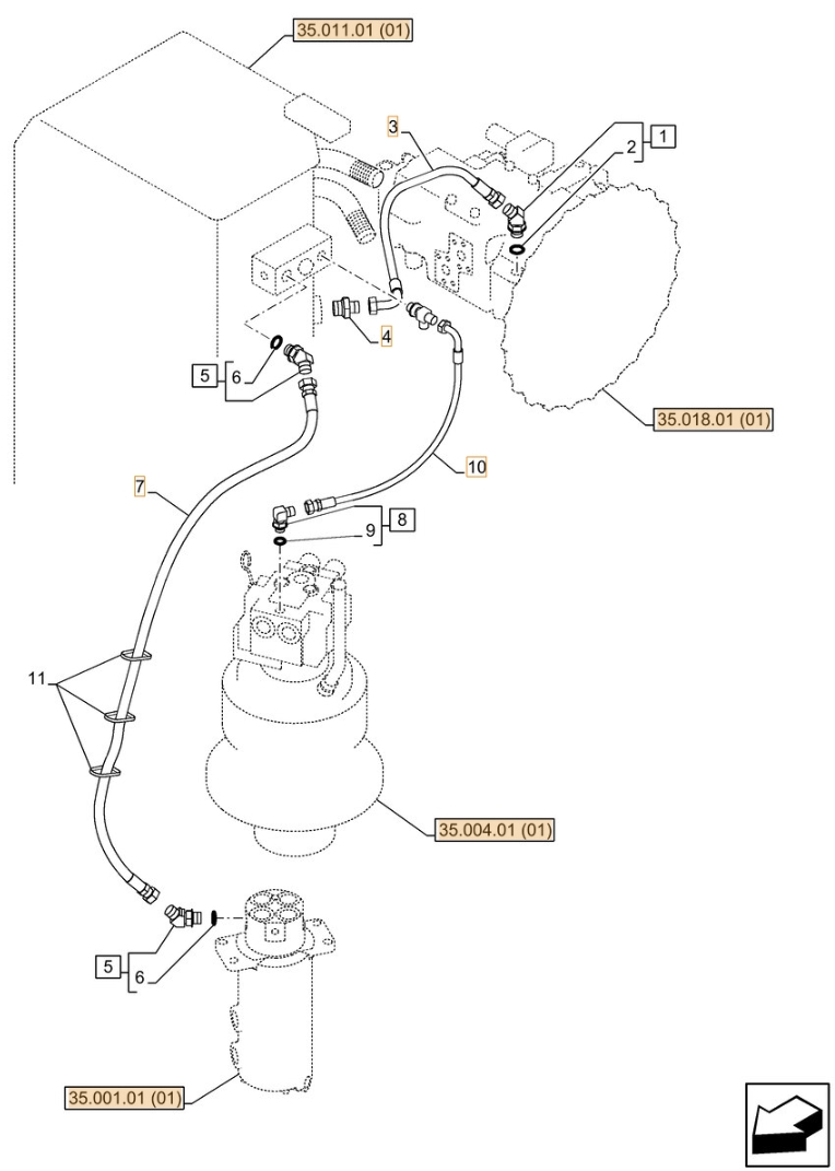 Case CX130C installation diagram showing hydraulic hose KHJ1264 at Pipe No. 10