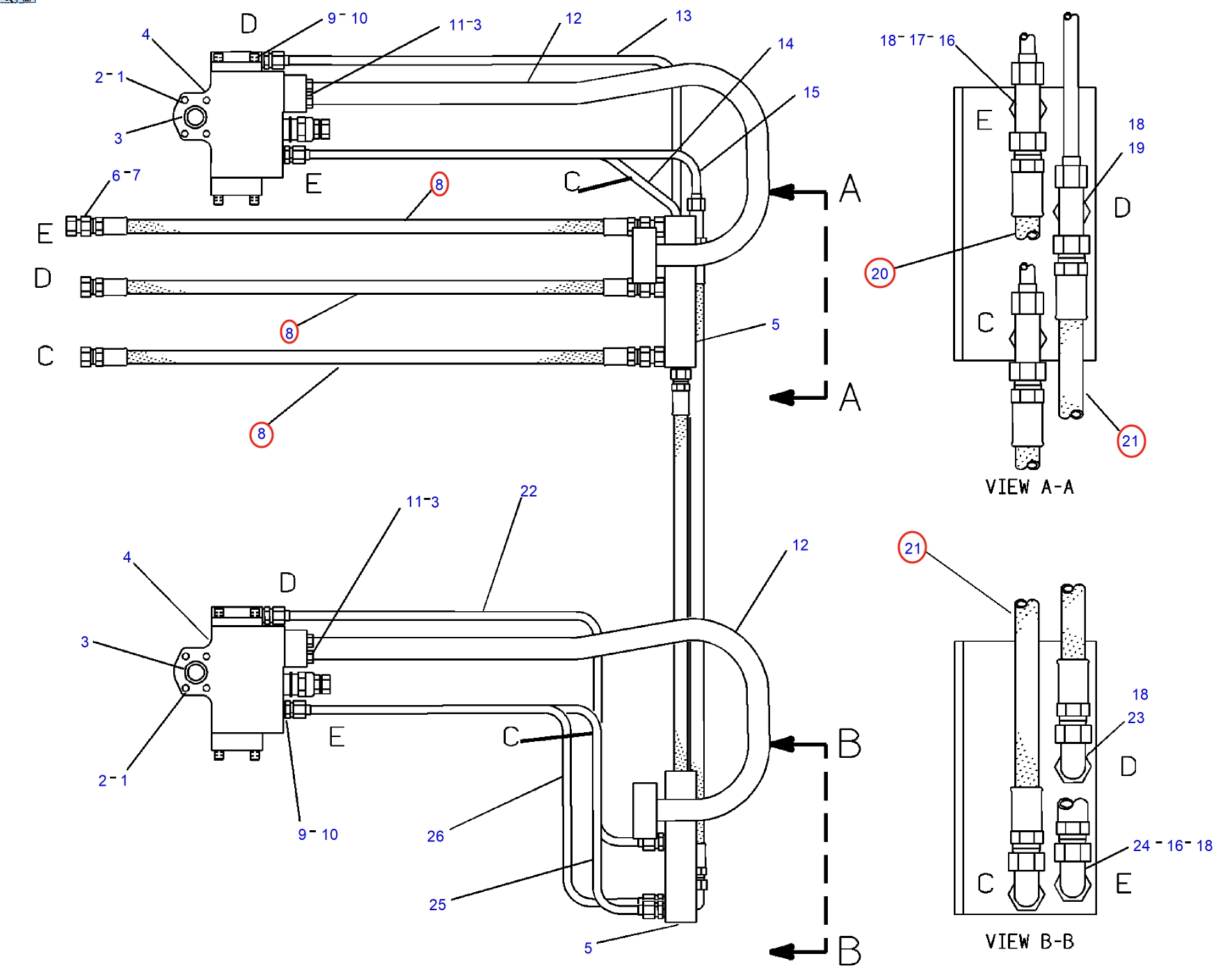 Caterpillar CAT®245B installation diagram showing hydraulic hose 8V-8128 at Pipe No. 8