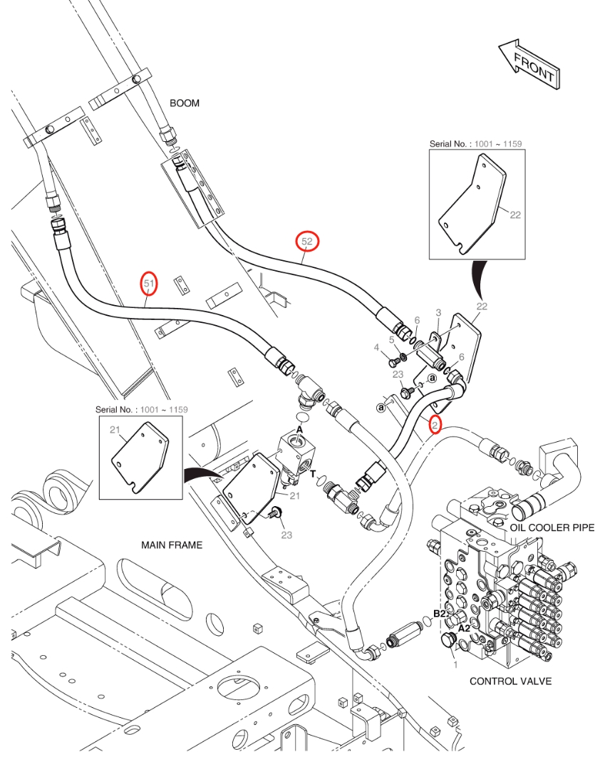 Doosan DX140W-5 installation diagram showing hydraulic hose DS2011962 at Pipe No. 52
