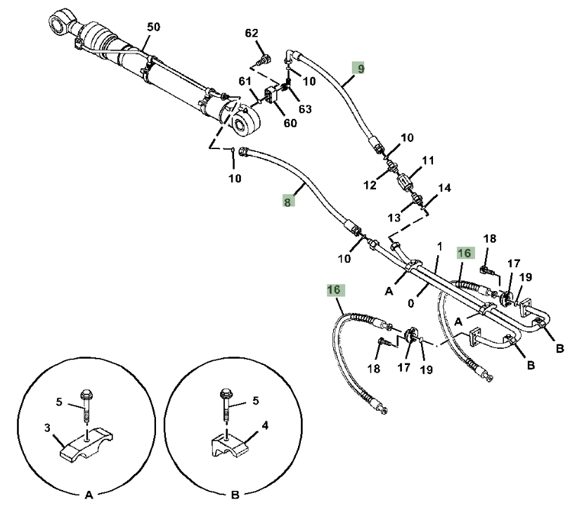 Hitachi ZX470LC-6 installation diagram showing hydraulic hose 4308148 at Pipe No. 9